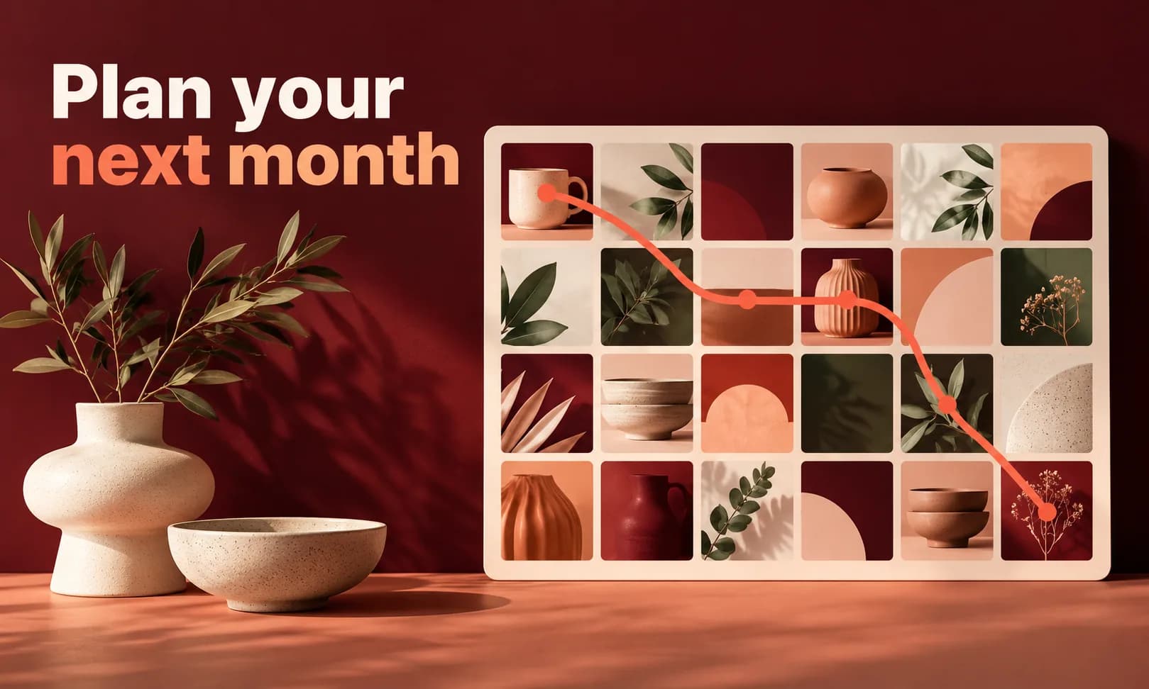 Plan your next month. Generated promotional service illustration; not a client deliverable.