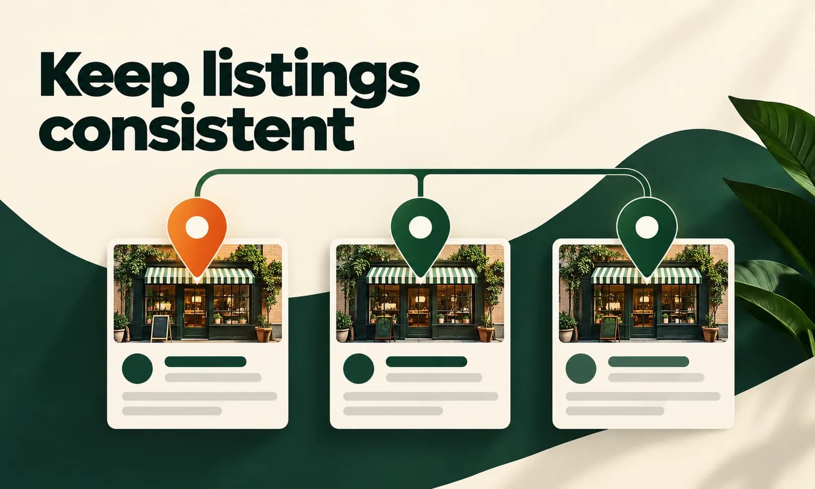 Keep listings consistent. Generated promotional service illustration; not a client deliverable.