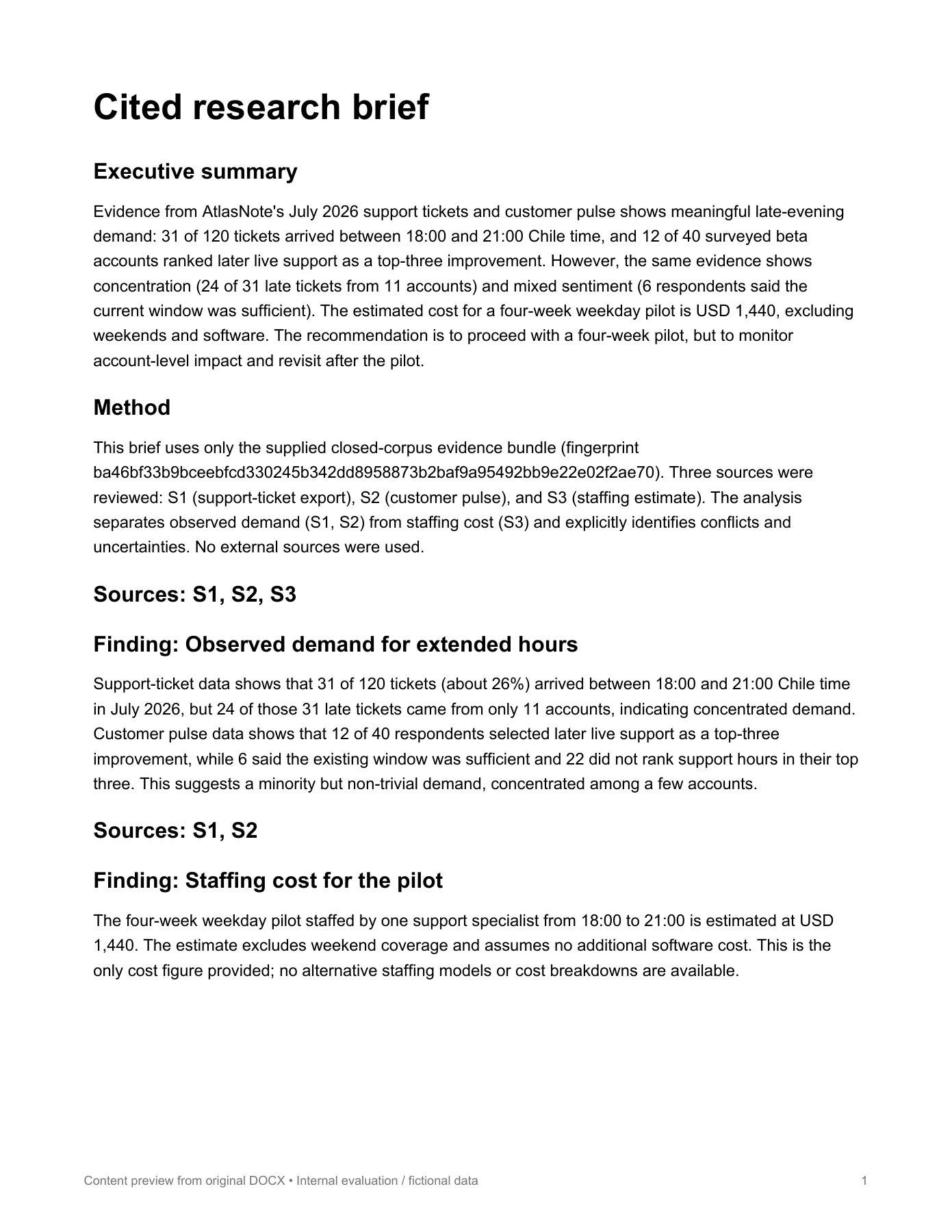 Actual cited research brief sample: page 1 from internal evaluation output
