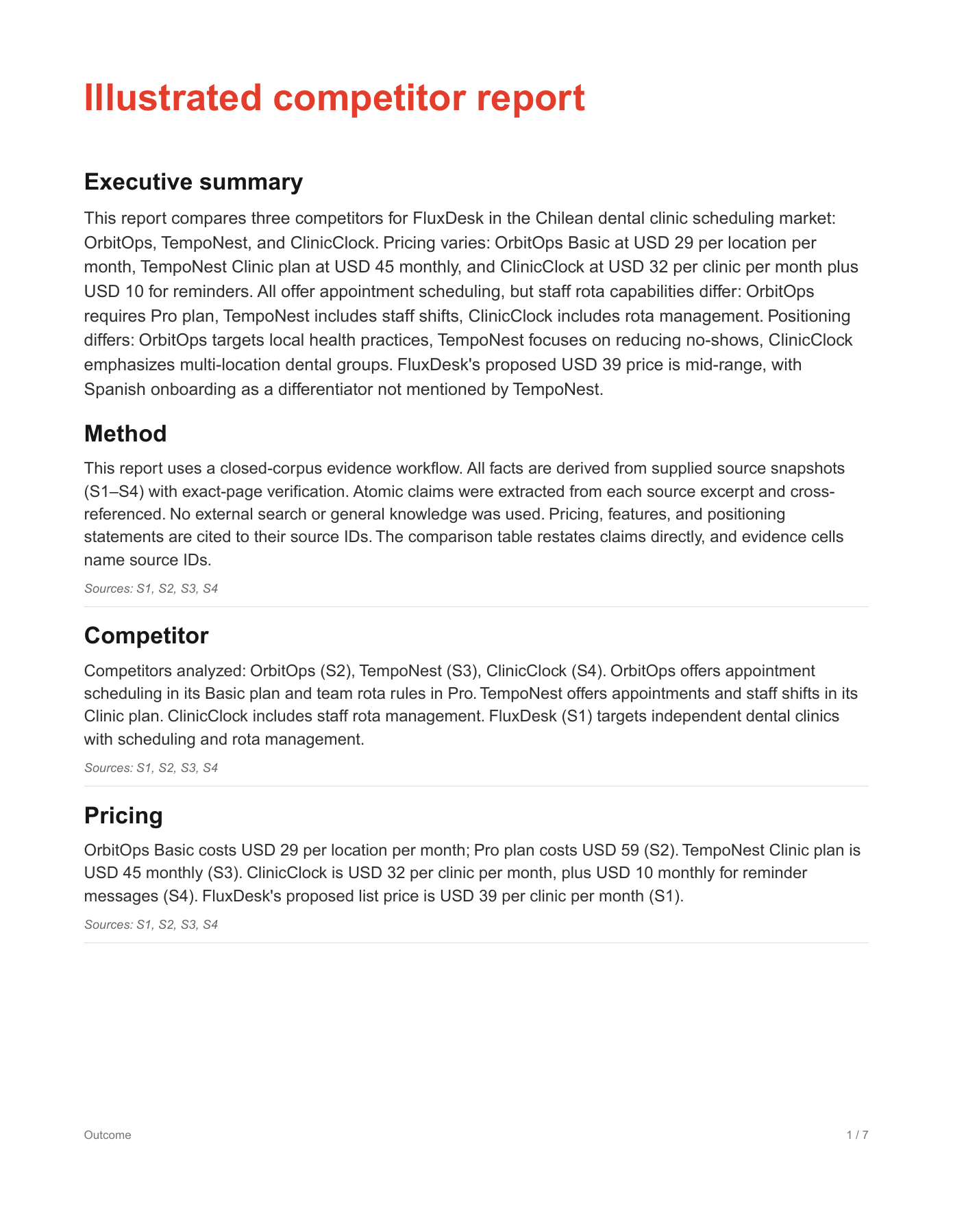 Actual illustrated competitor report sample: page 1 from internal evaluation output
