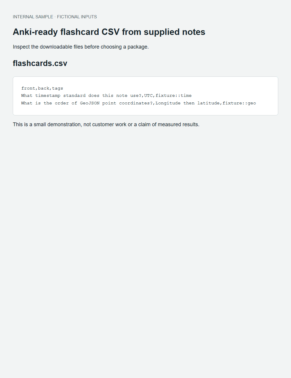 Anki-ready flashcard CSV from supplied notes actual fictional fixture output