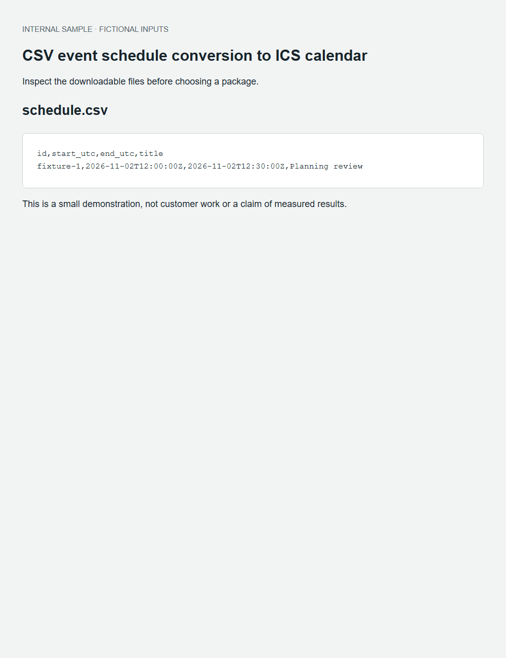CSV event schedule conversion to ICS calendar actual fictional fixture output