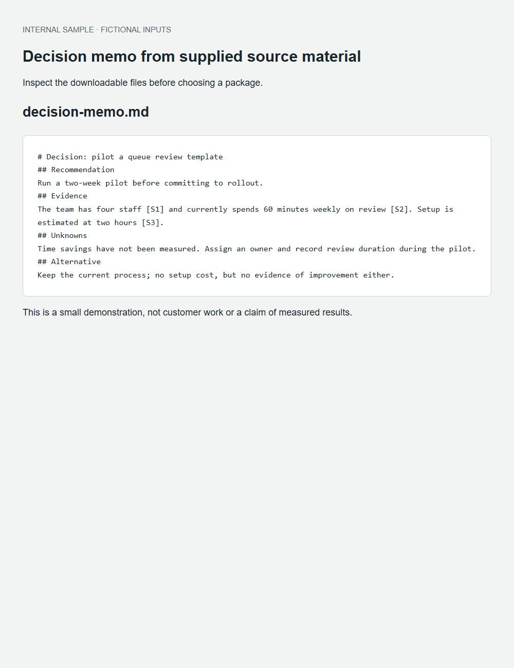 Decision memo from supplied source material actual fictional fixture output