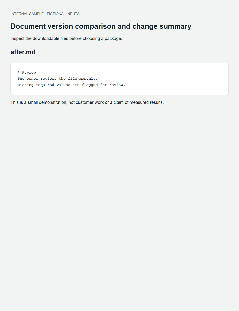 Document version comparison and change summary actual fictional fixture output
