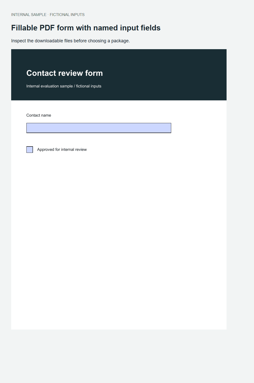 Fillable PDF form with named input fields actual fictional fixture output