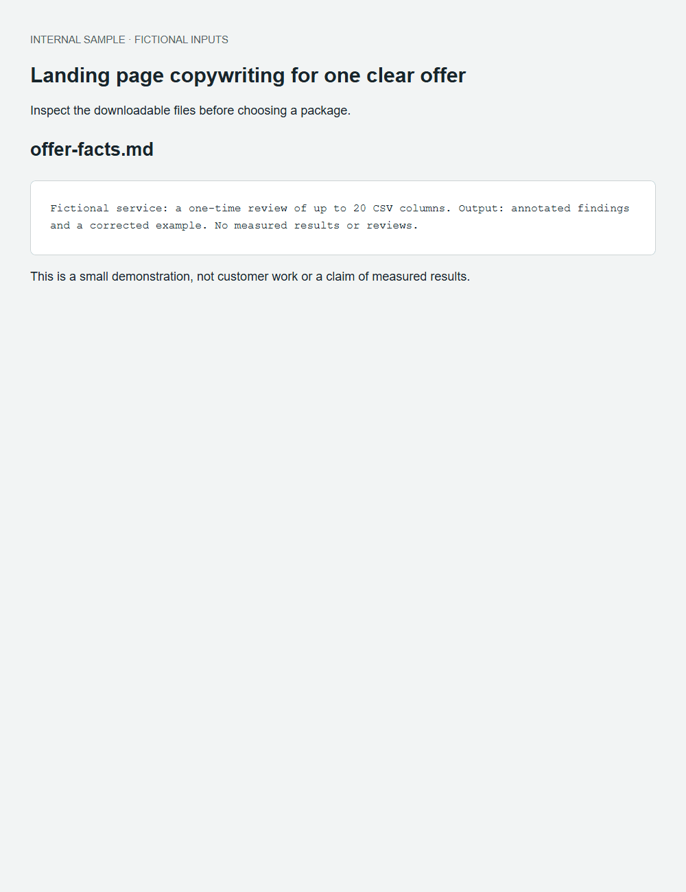 Landing page copywriting for one clear offer actual fictional fixture output