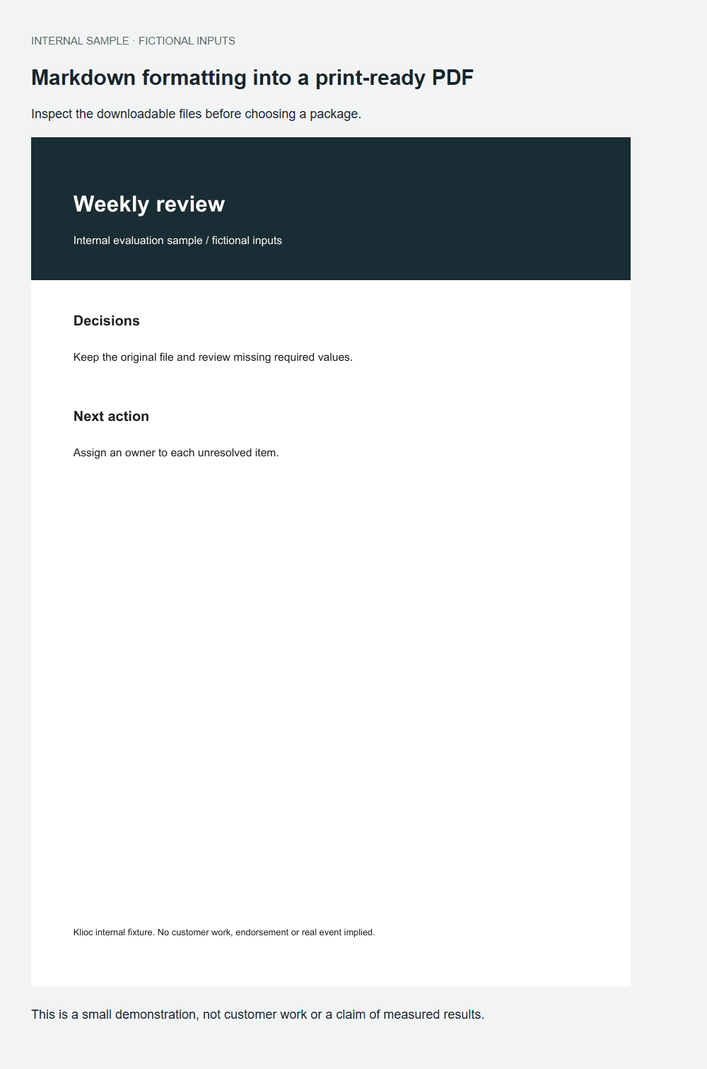 Markdown formatting into a print-ready PDF actual fictional fixture output
