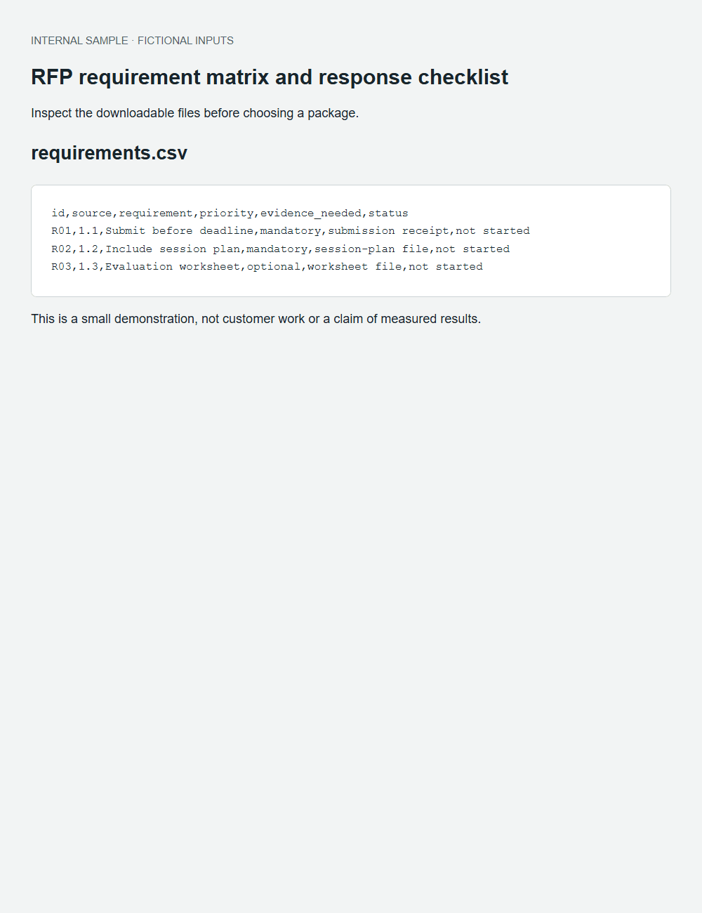 RFP requirement matrix and response checklist actual fictional fixture output