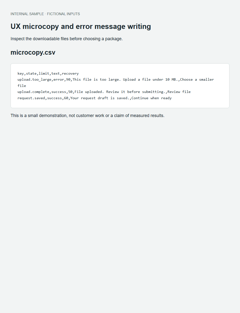 UX microcopy and error message writing actual fictional fixture output