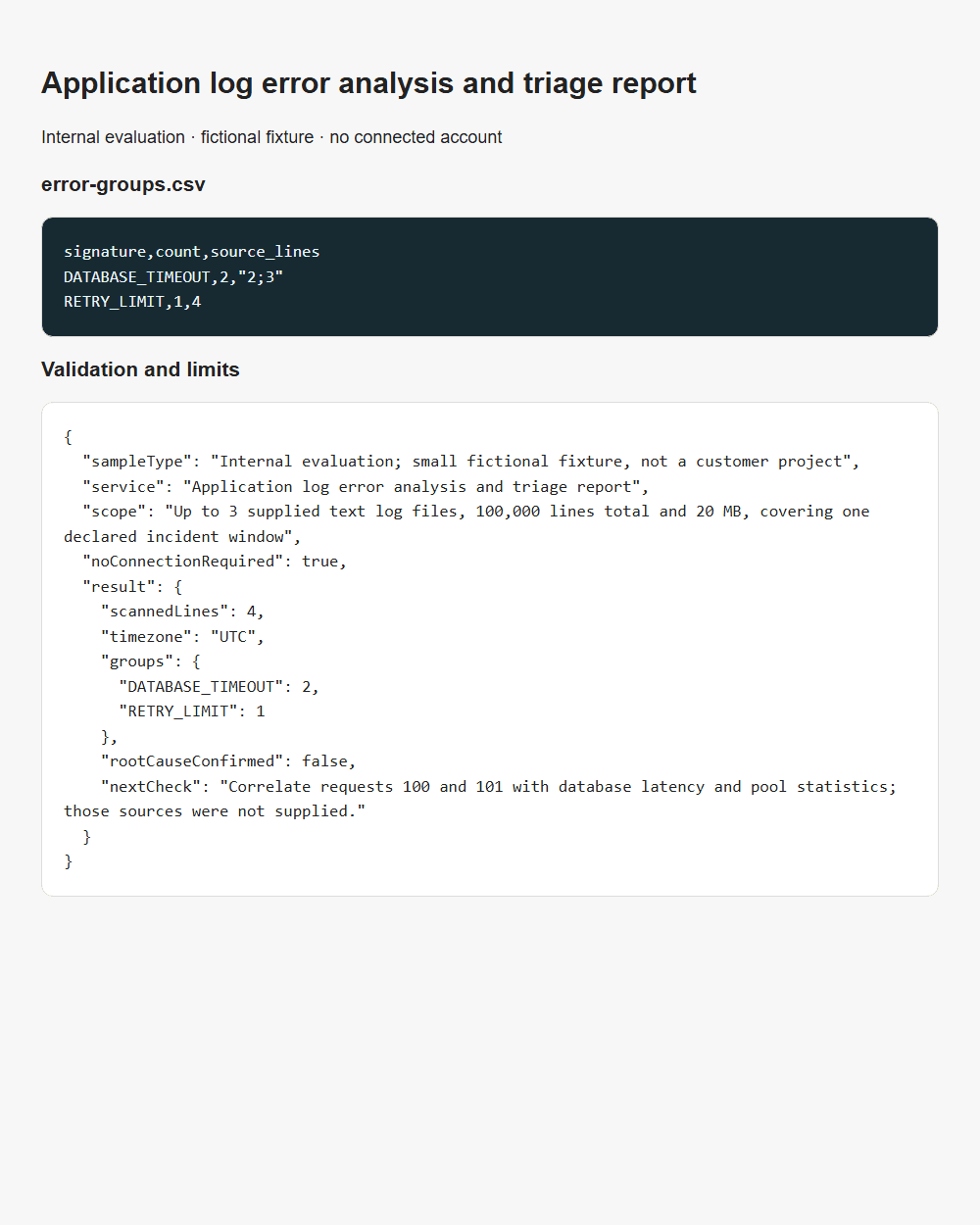 Application log error analysis and triage report internal fixture validation report