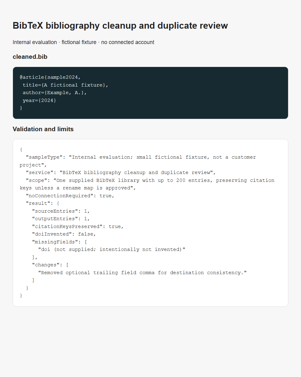 BibTeX bibliography cleanup and duplicate review internal fixture validation report