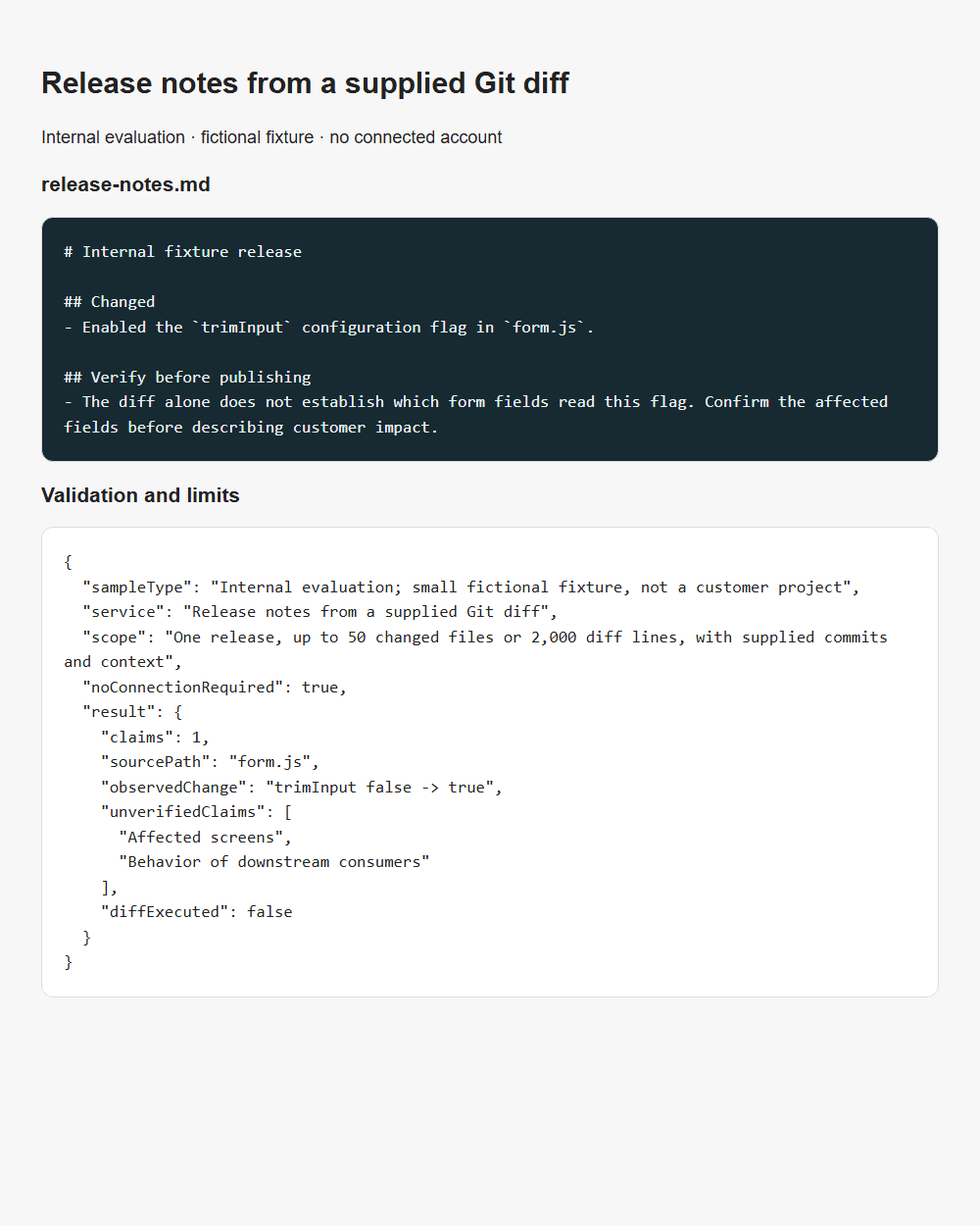 Release notes from a supplied Git diff internal fixture validation report
