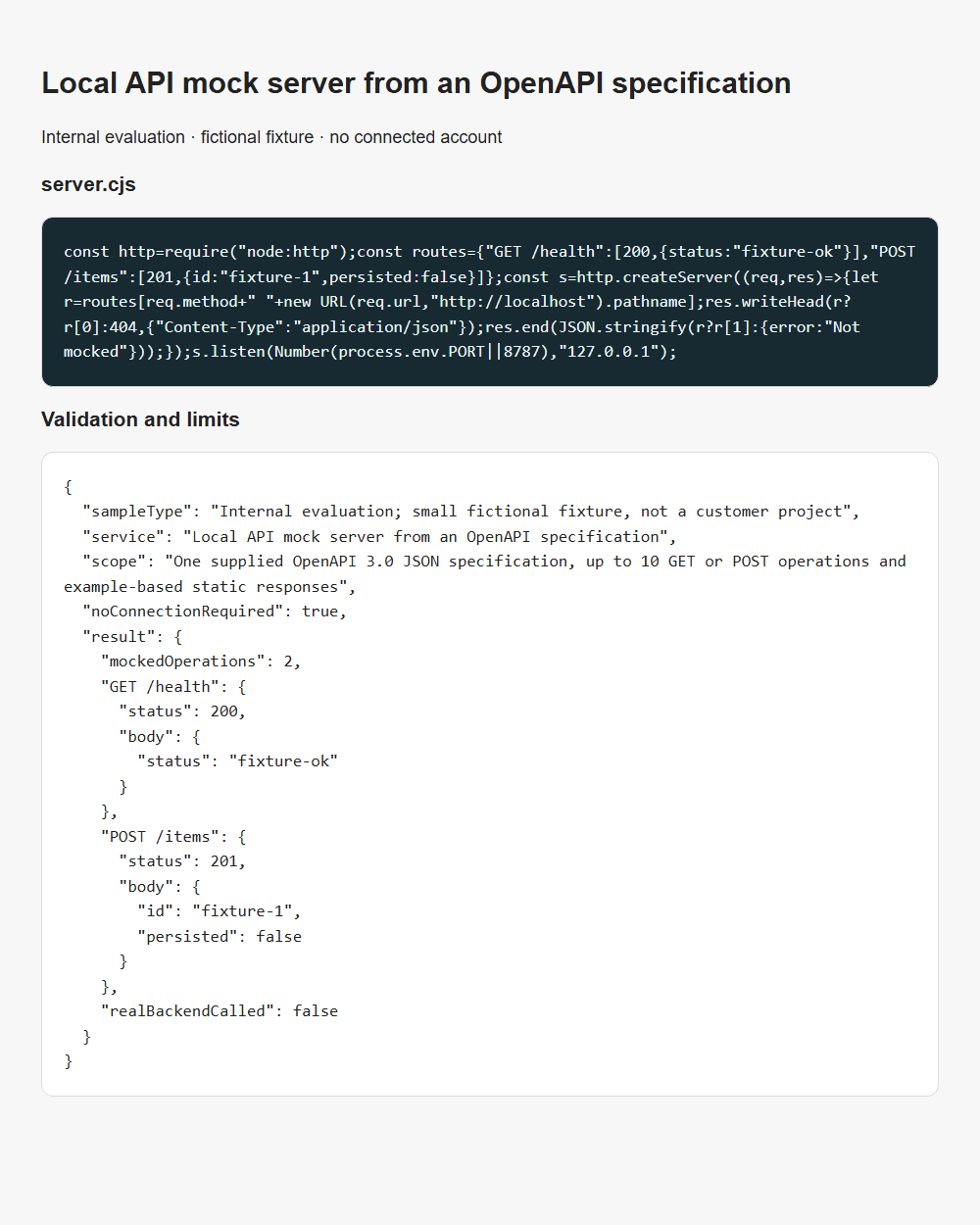 Local API mock server from an OpenAPI specification internal fixture validation report