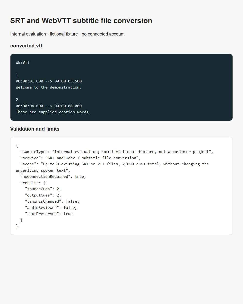 SRT and WebVTT subtitle file conversion internal fixture validation report