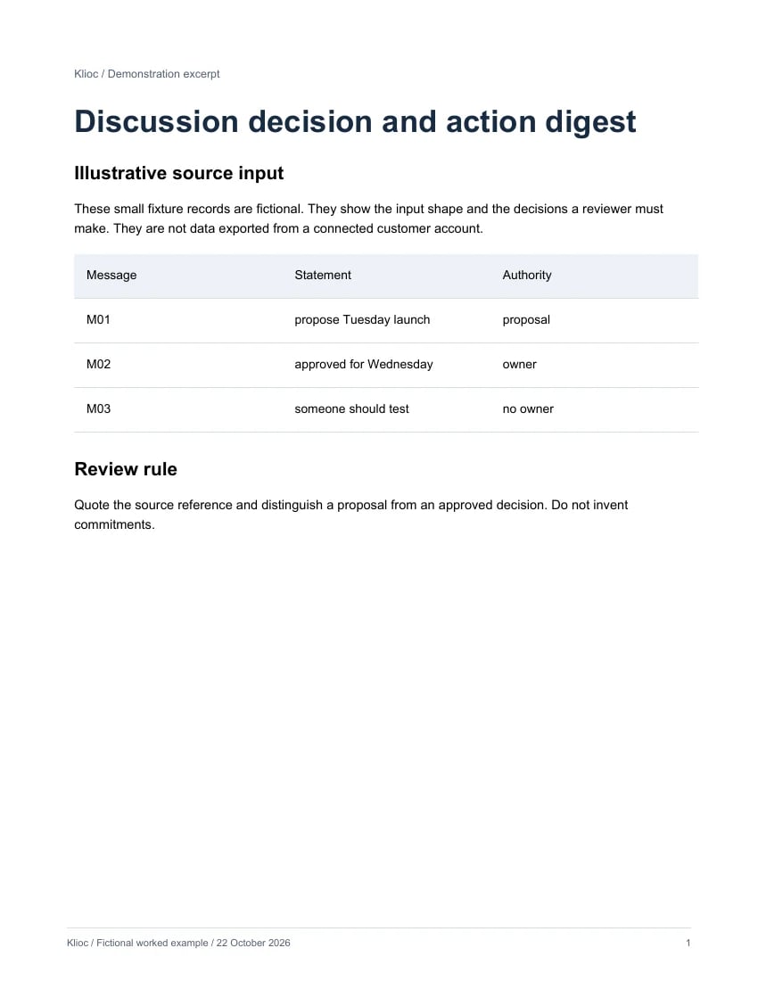 Discussion decision and action digest - fictional source input
