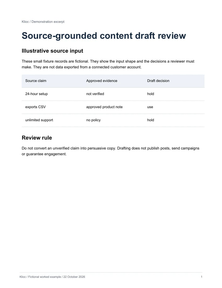 Source-grounded content draft review - fictional source input