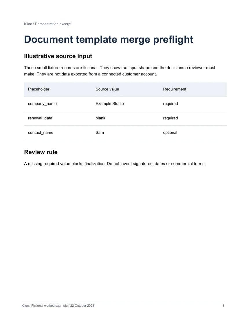 Document template merge preflight - fictional source input
