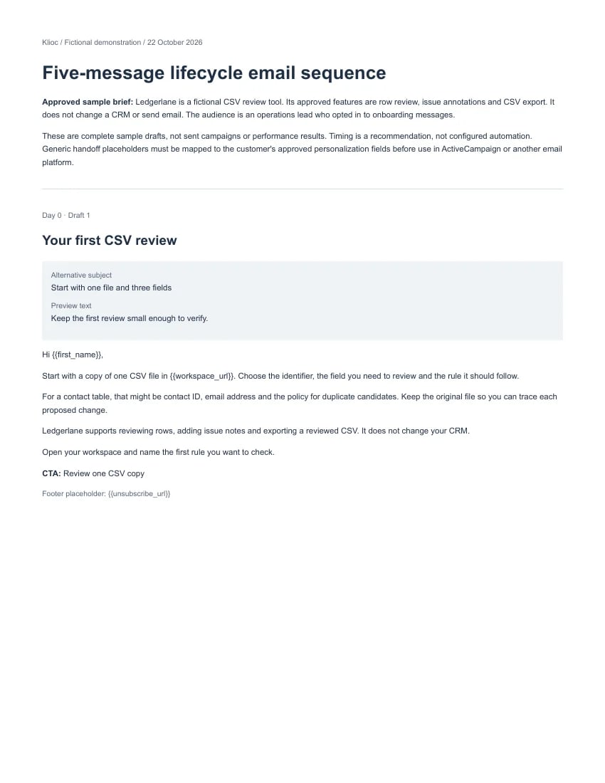 Five-message fictional onboarding sequence, page 1