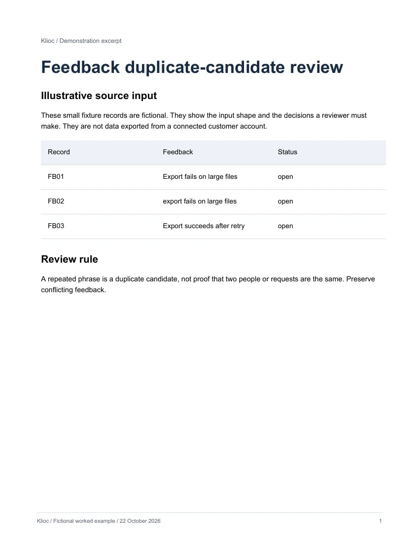 Feedback duplicate-candidate review - fictional source input