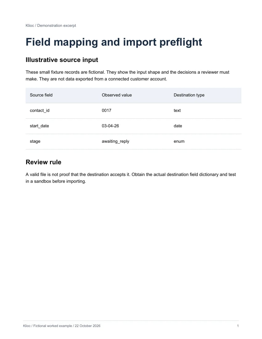 Field mapping and import preflight - fictional source input