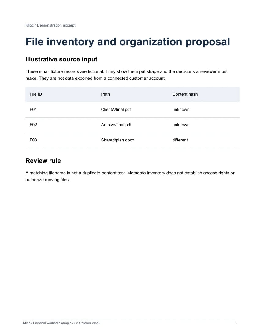 File inventory and organization proposal - fictional source input