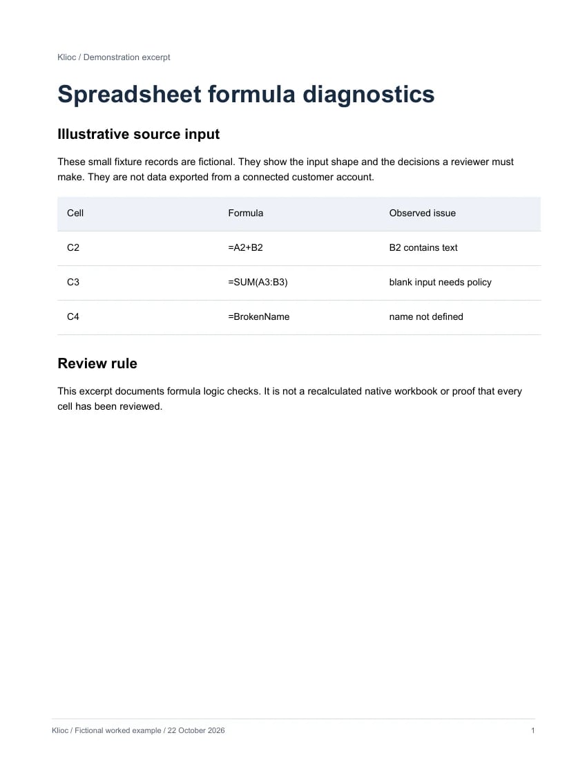 Spreadsheet formula diagnostics - fictional source input
