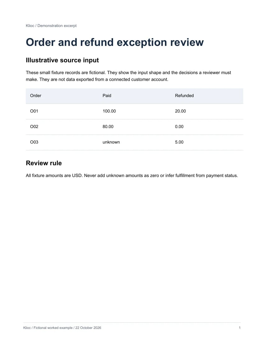 Order and refund exception review - fictional source input
