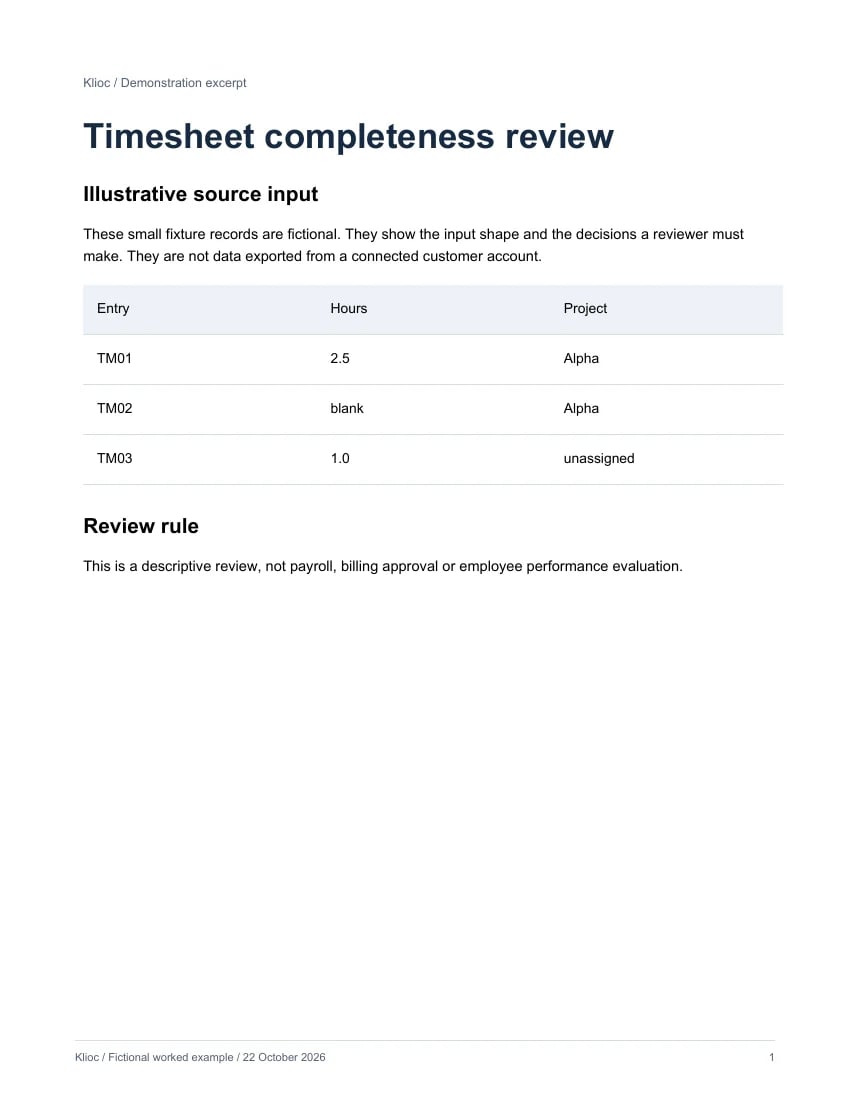 Timesheet completeness review - fictional source input