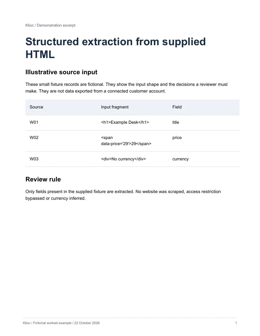 Structured extraction from supplied HTML - fictional source input