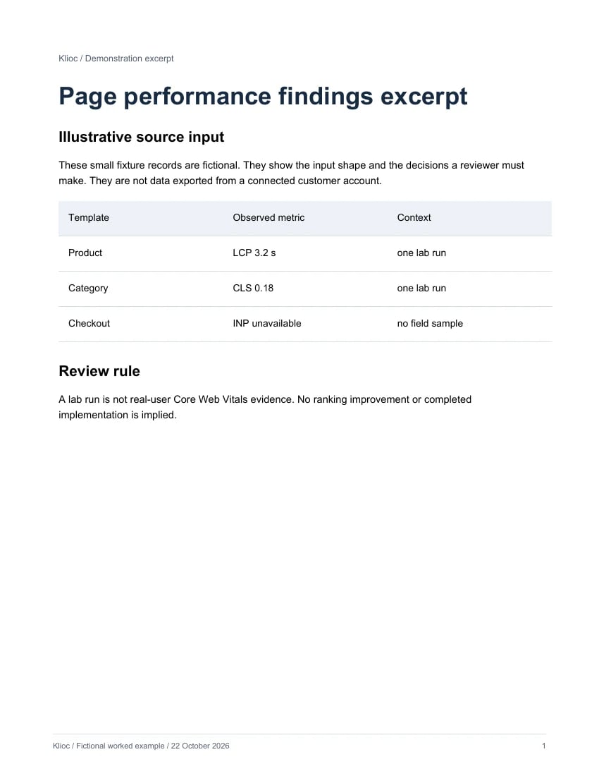 Page performance findings excerpt - fictional source input