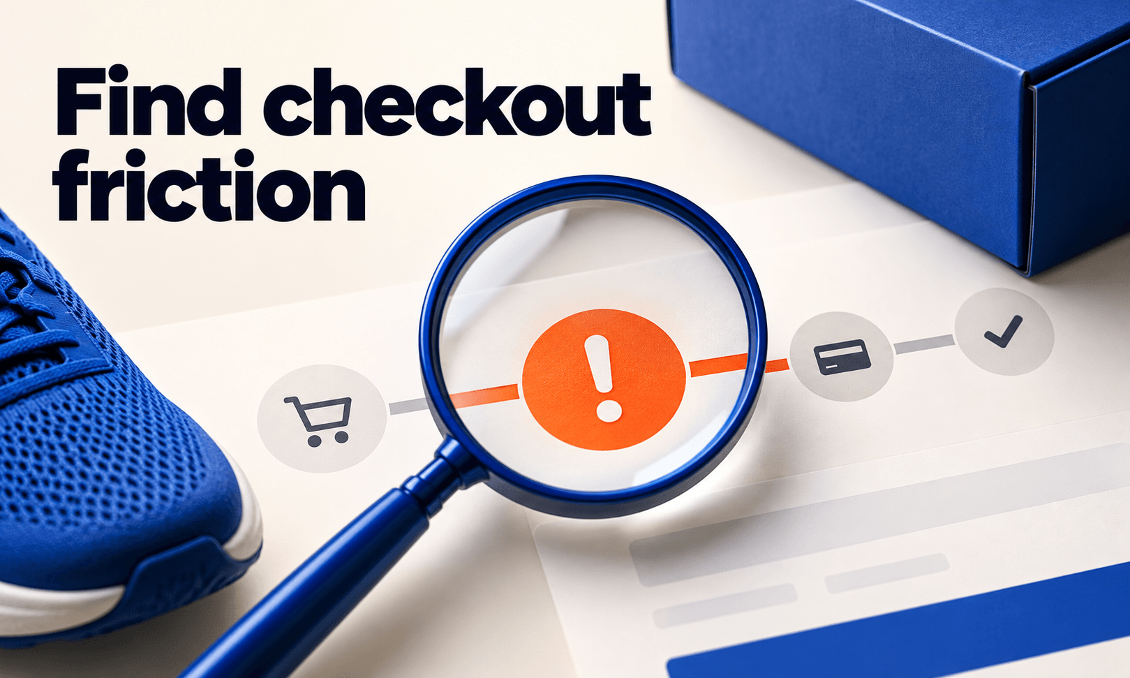 Find checkout friction. Generated promotional service illustration; not a client deliverable.