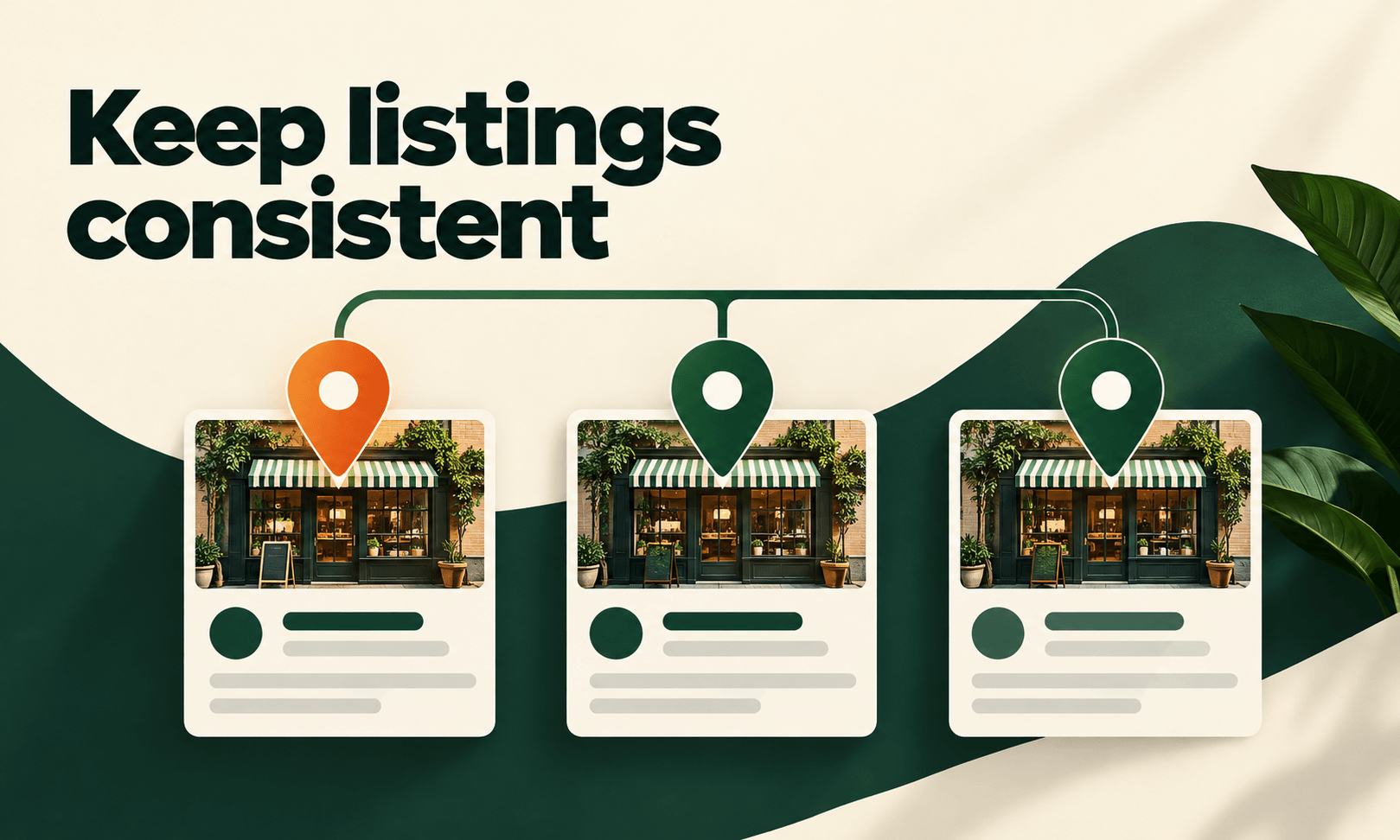 Keep listings consistent. Generated promotional service illustration; not a client deliverable.