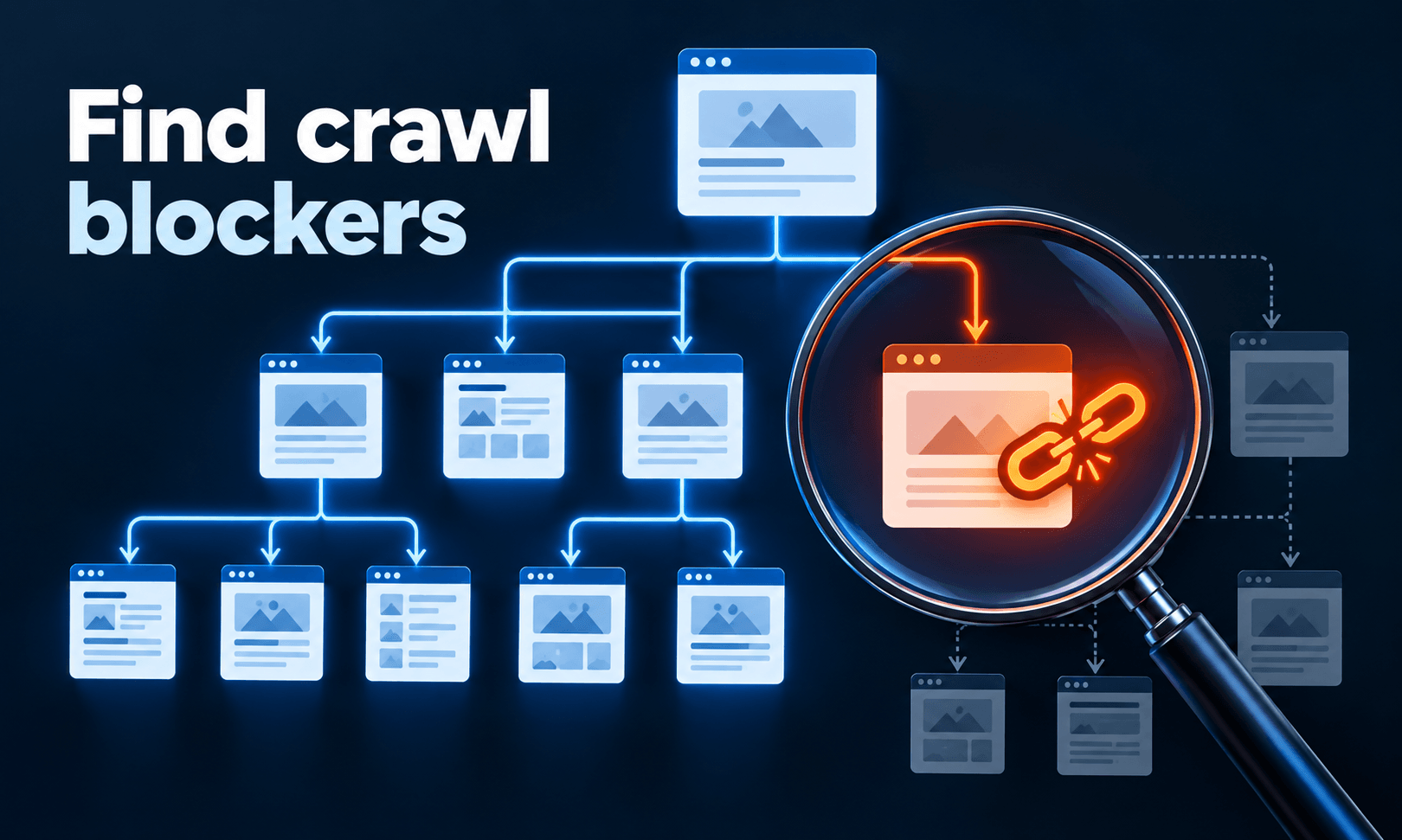 Find crawl blockers. Generated promotional service illustration; not a client deliverable.
