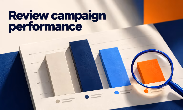 Review campaign performance. Generated promotional service illustration; not a client deliverable.