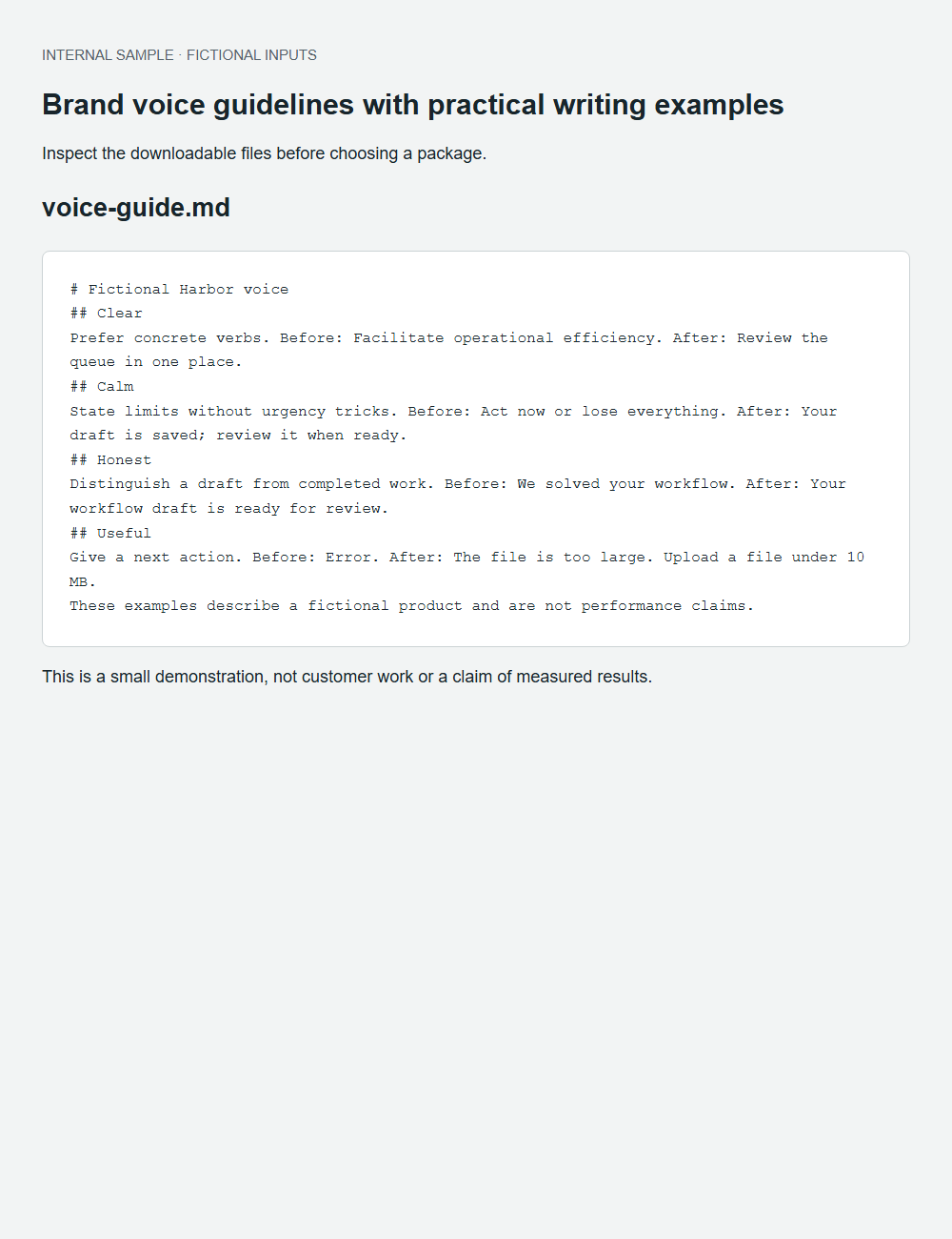 Brand voice guidelines with practical writing examples actual fictional fixture output