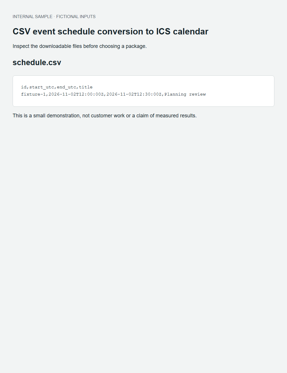 CSV event schedule conversion to ICS calendar actual fictional fixture output