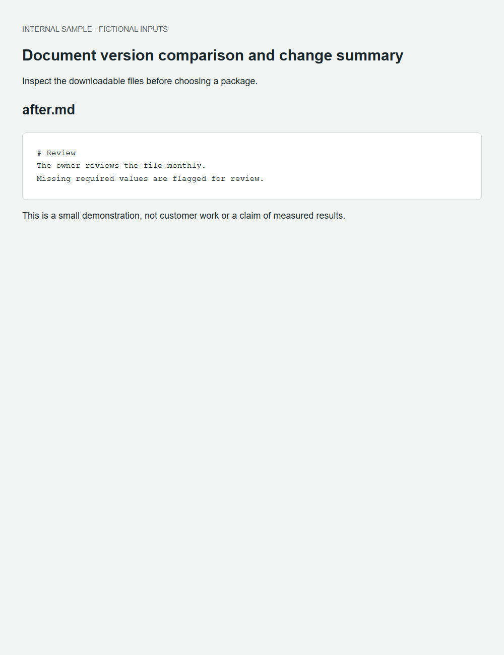 Document version comparison and change summary actual fictional fixture output