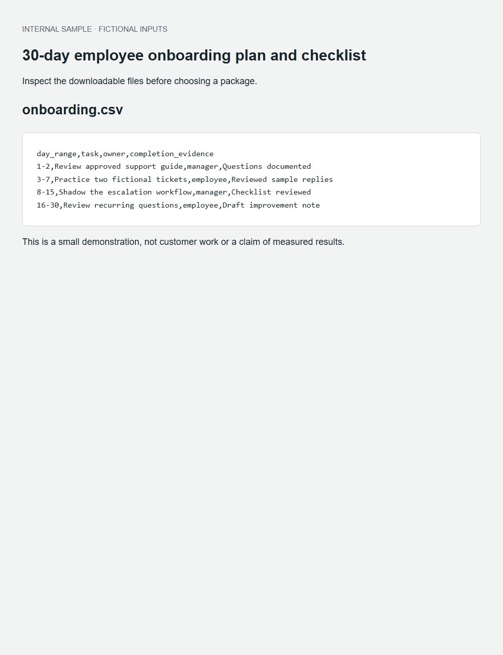 30-day employee onboarding plan and checklist actual fictional fixture output