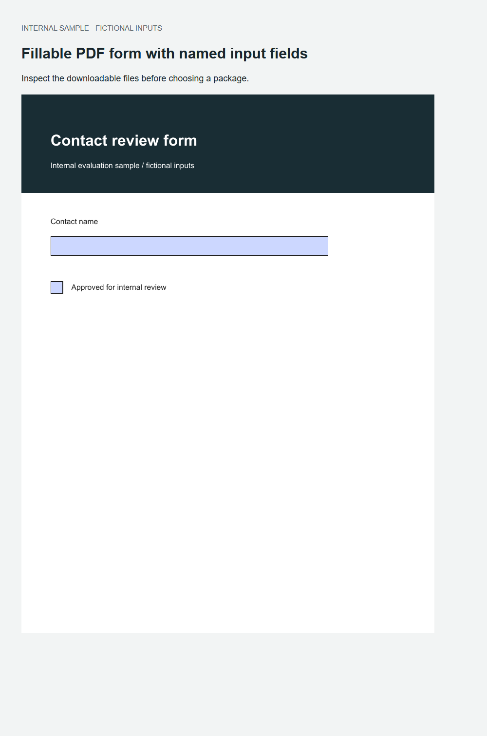 Fillable PDF form with named input fields actual fictional fixture output