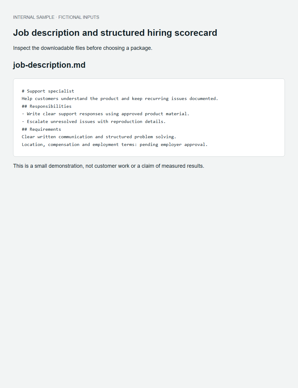 Job description and structured hiring scorecard actual fictional fixture output