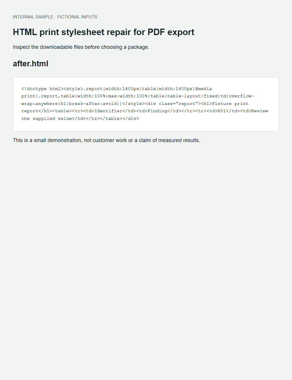 HTML print stylesheet repair for PDF export actual fictional fixture output