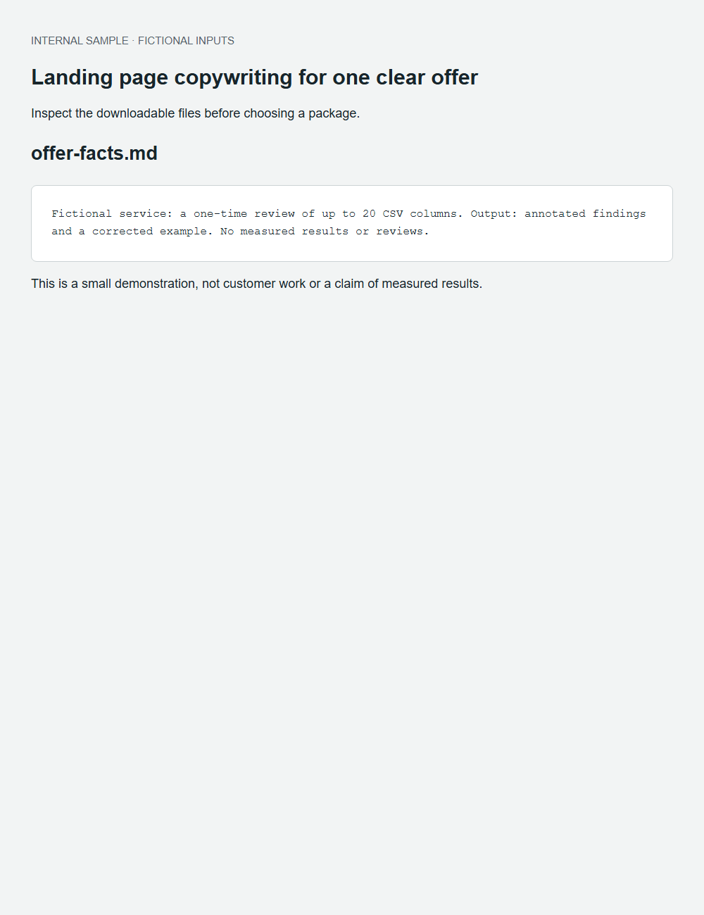Landing page copywriting for one clear offer actual fictional fixture output