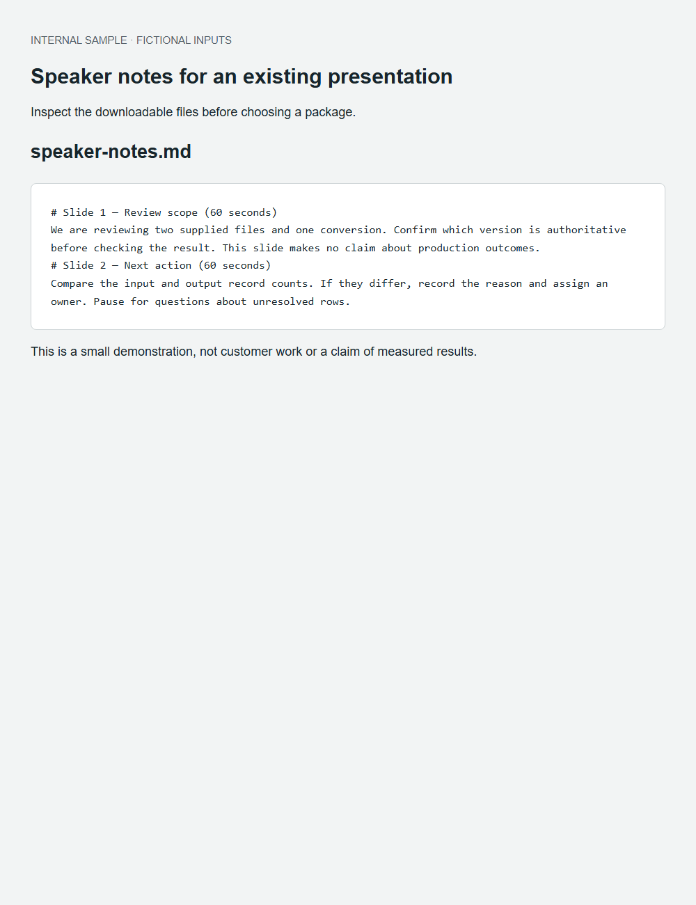Speaker notes for an existing presentation actual fictional fixture output