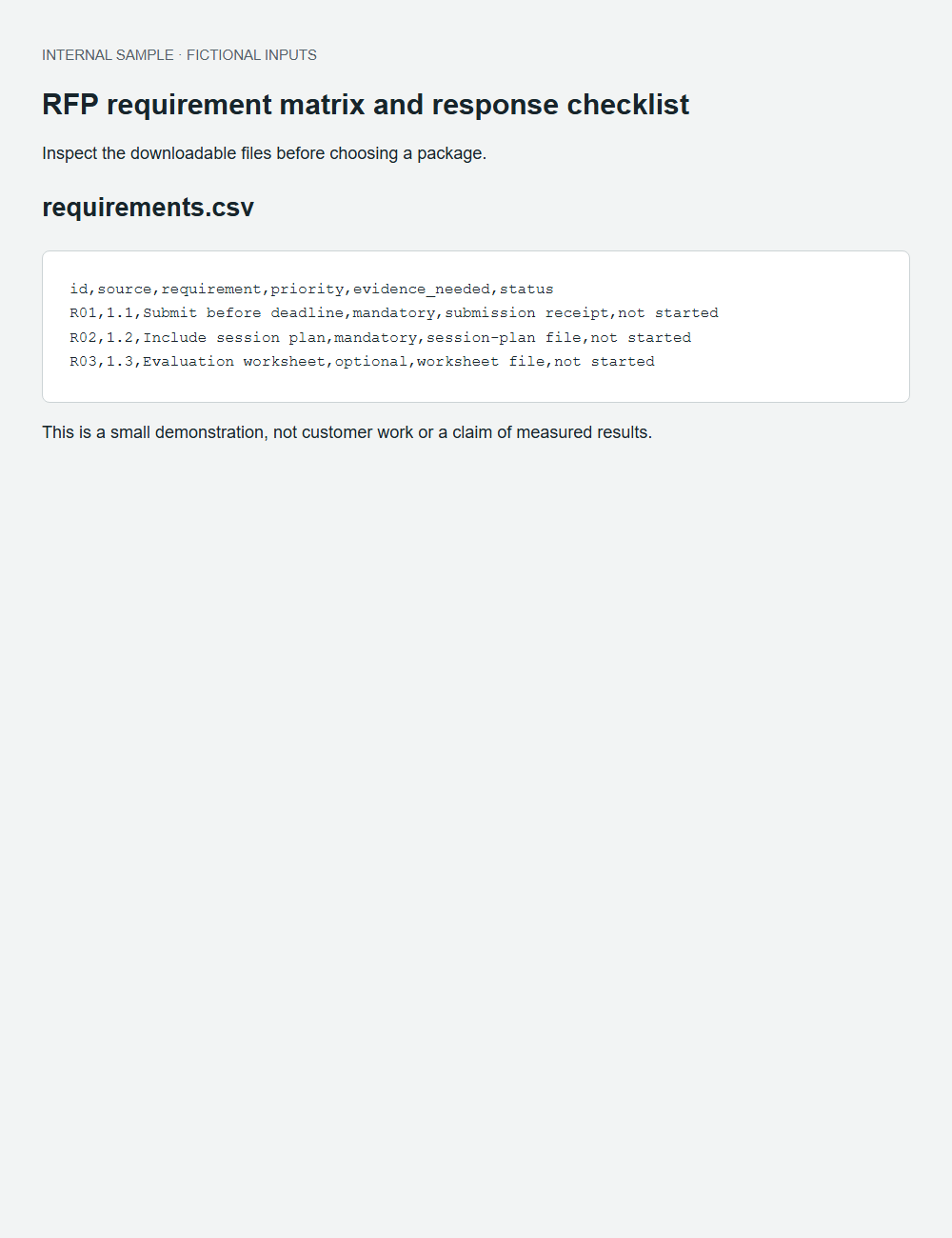 RFP requirement matrix and response checklist actual fictional fixture output