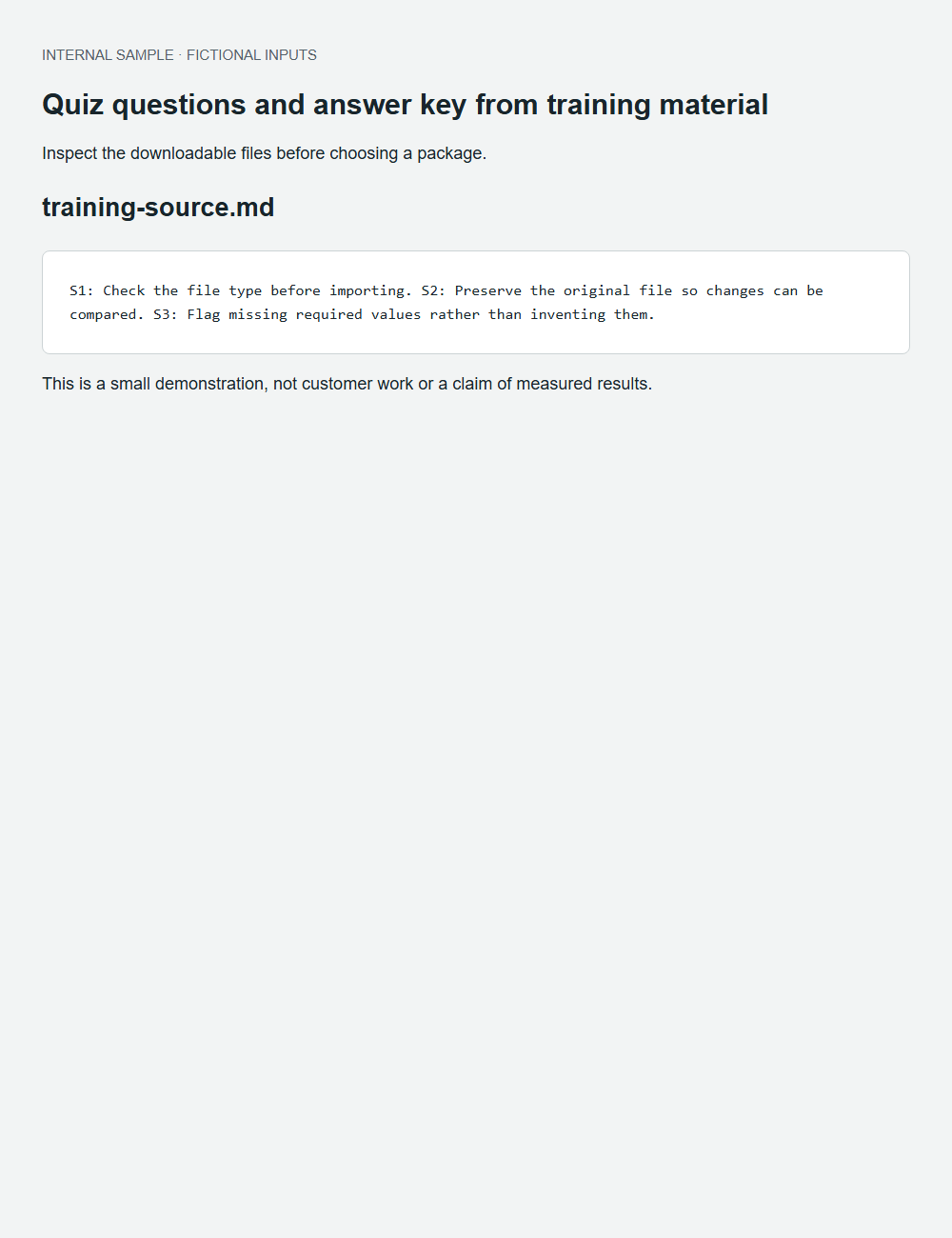 Quiz questions and answer key from training material actual fictional fixture output