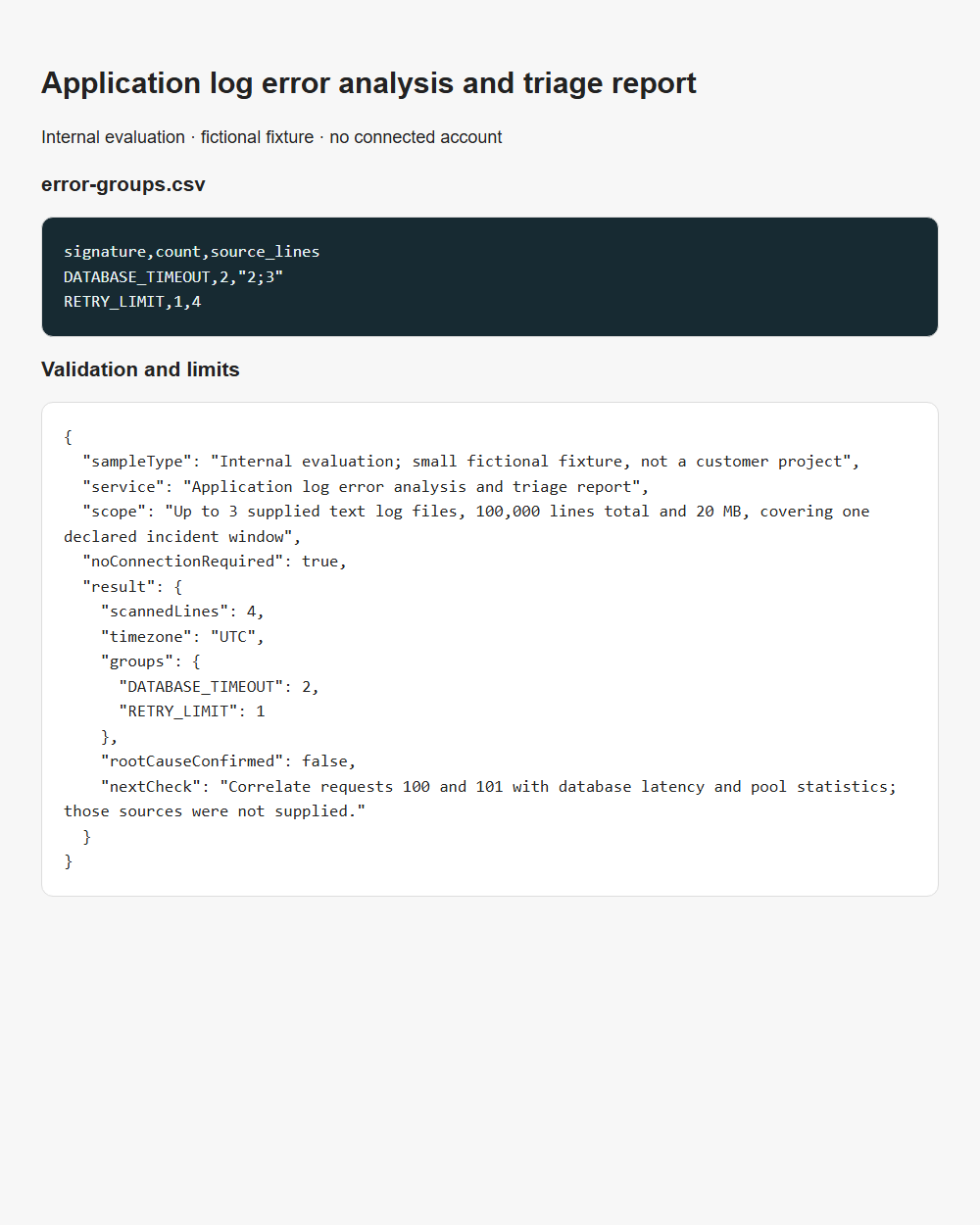 Application log error analysis and triage report internal fixture validation report