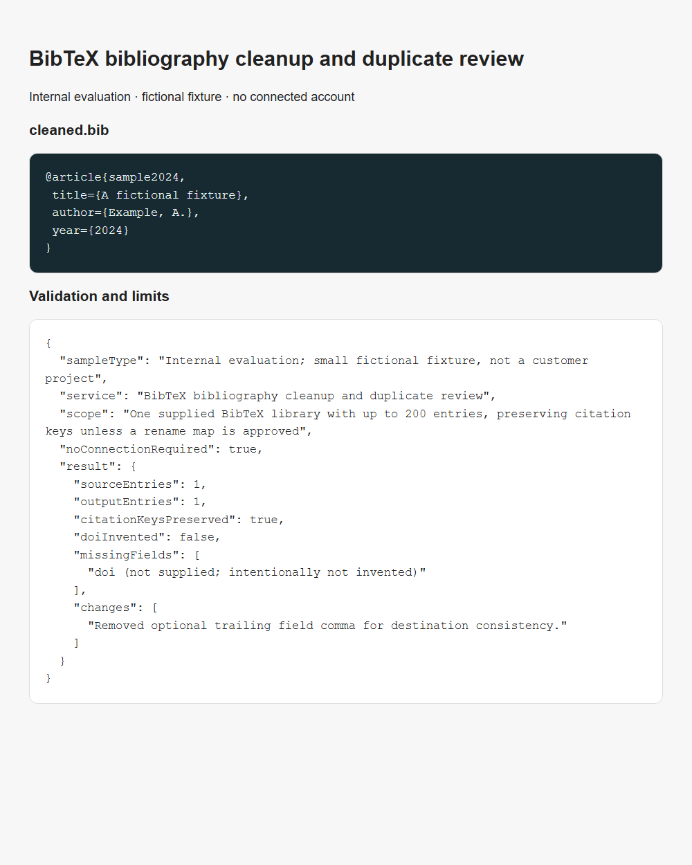 BibTeX bibliography cleanup and duplicate review internal fixture validation report