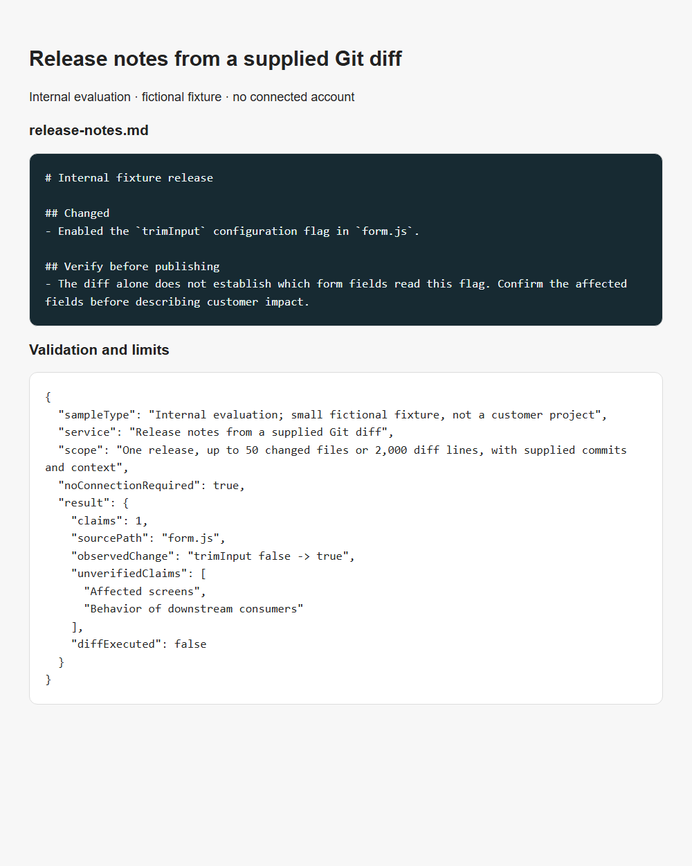 Release notes from a supplied Git diff internal fixture validation report