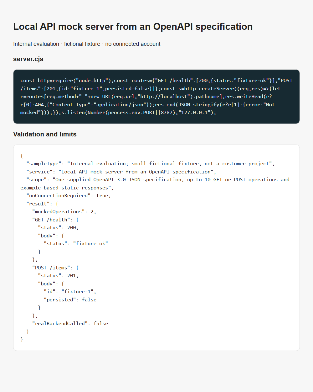 Local API mock server from an OpenAPI specification internal fixture validation report