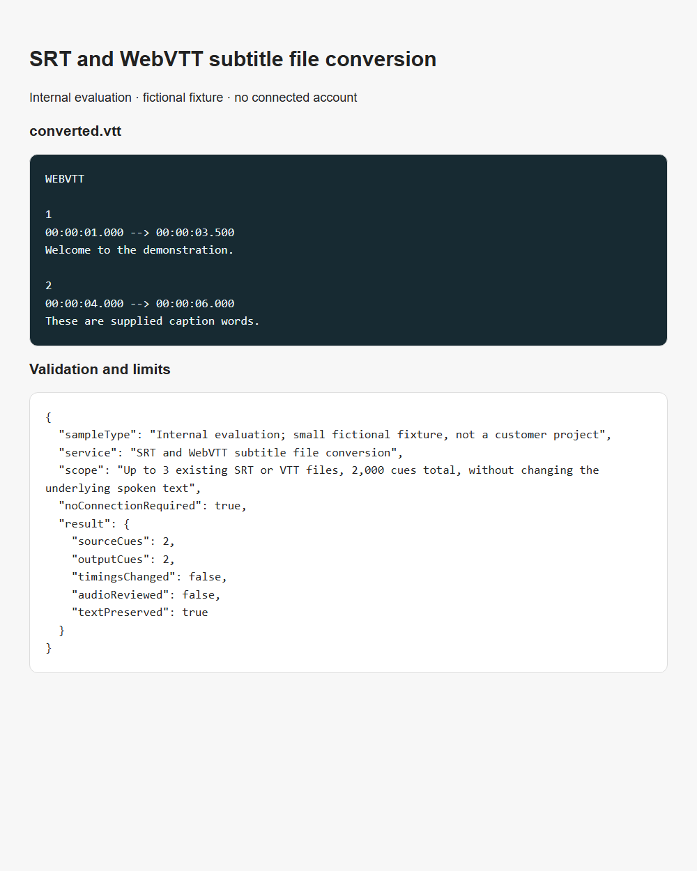 SRT and WebVTT subtitle file conversion internal fixture validation report